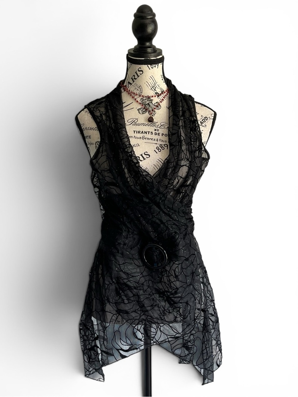 Terra Nostra Black Roses Burnout Mesh Cowl Neck Tunic Top Goth Fairy Medium